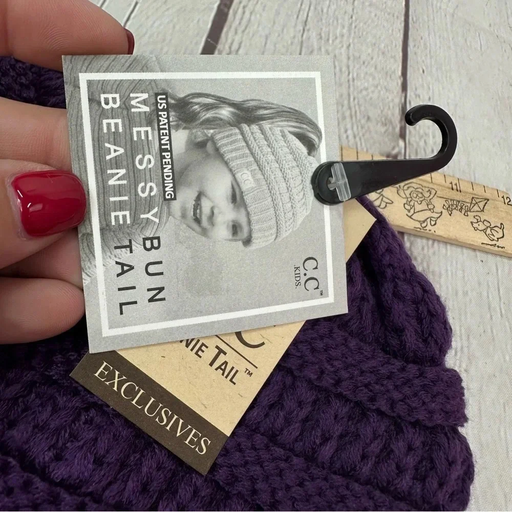 NWT boutique C.C. beanie and headband deep purple kids messy bun beanie tail